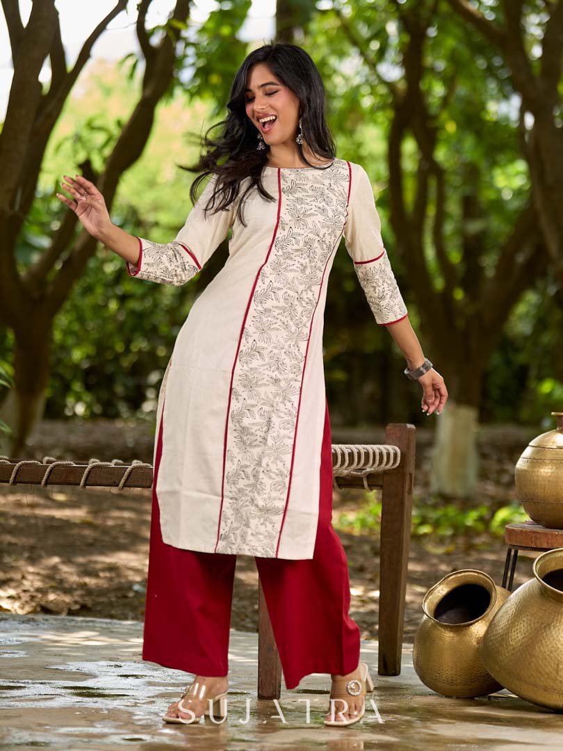 Refined Off-White Cotton Flex Kurta with Statement Floral Panel Hand Block Print and Maroon Accents