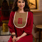 Luminous Crimson Cotton Flared Dress with Contrast Hand Block Printed Beige Yoke & Elasticated Puffy Sleeves