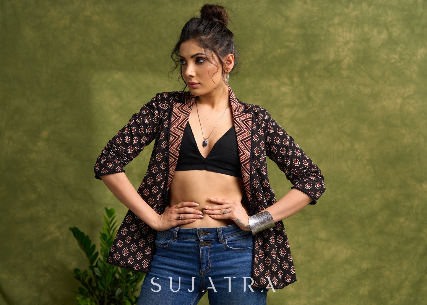 Block Printed Black Ajrakh Jacket Featuring Traditional Booty Print And Contrasting Collar