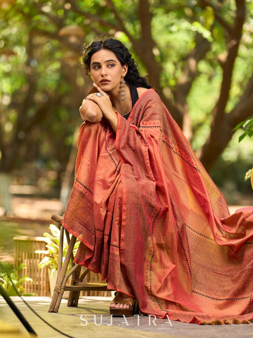 Contemporary Rust Cotton Saree with Traditional Hand Block Print Borders