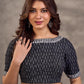 Black and White Ikat Cotton Blouse with Embroidered Neckline and Sleeves