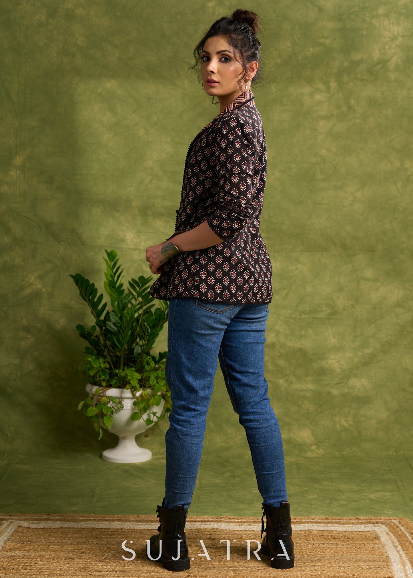 Block Printed Black Ajrakh Jacket Featuring Traditional Booty Print And Contrasting Collar