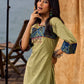 Sage Green Cotton Flared Dress with Contrast Ajrakh Yoke and Cuff Detailing featuring Hand Painting