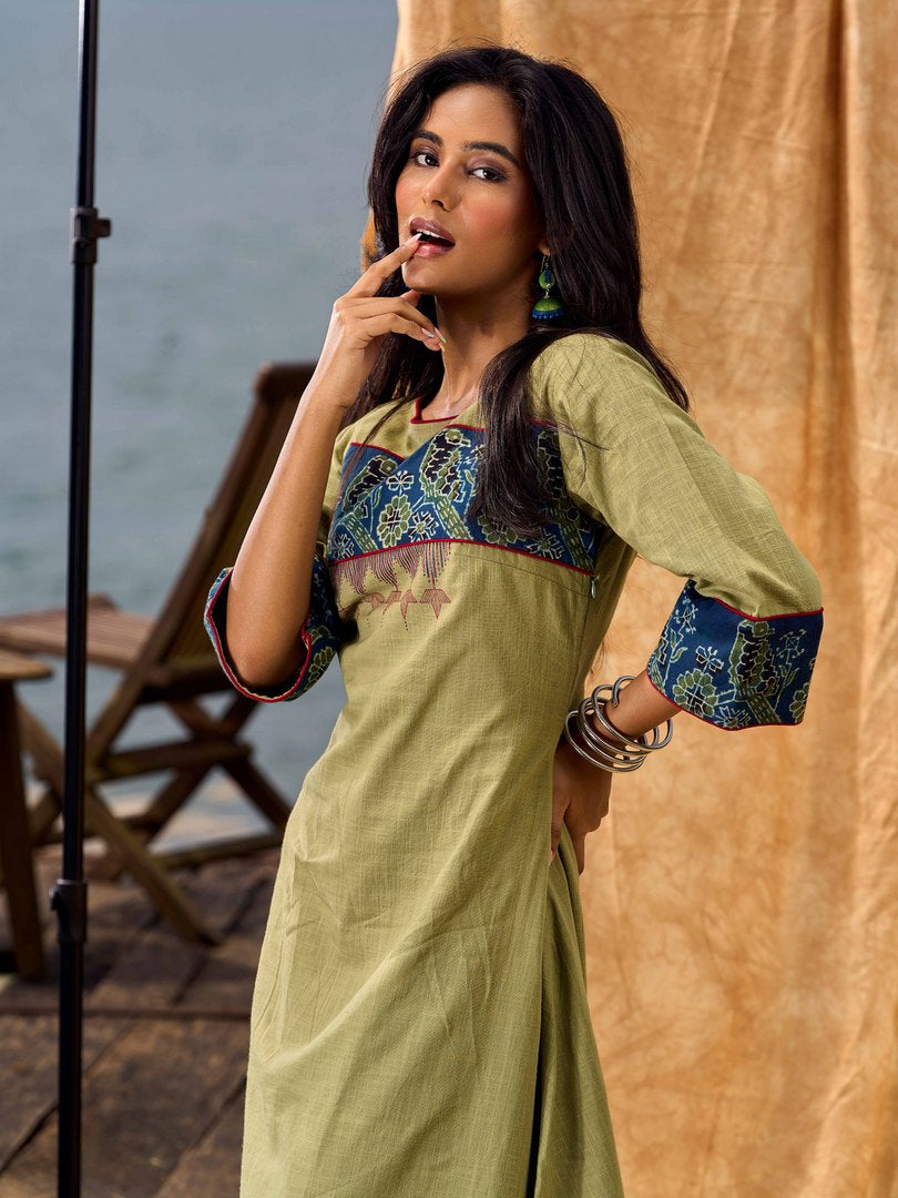 Sage Green Cotton Flared Dress with Contrast Ajrakh Yoke and Cuff Detailing featuring Hand Painting
