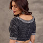Black and White Ikat Cotton Blouse with Embroidered Neckline and Sleeves