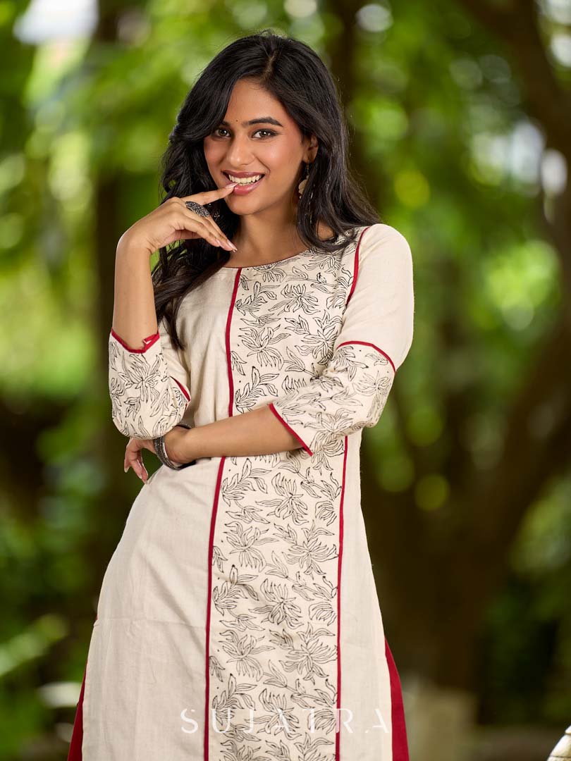 Refined Off-White Cotton Flex Kurta with Statement Floral Panel Hand Block Print and Maroon Accents