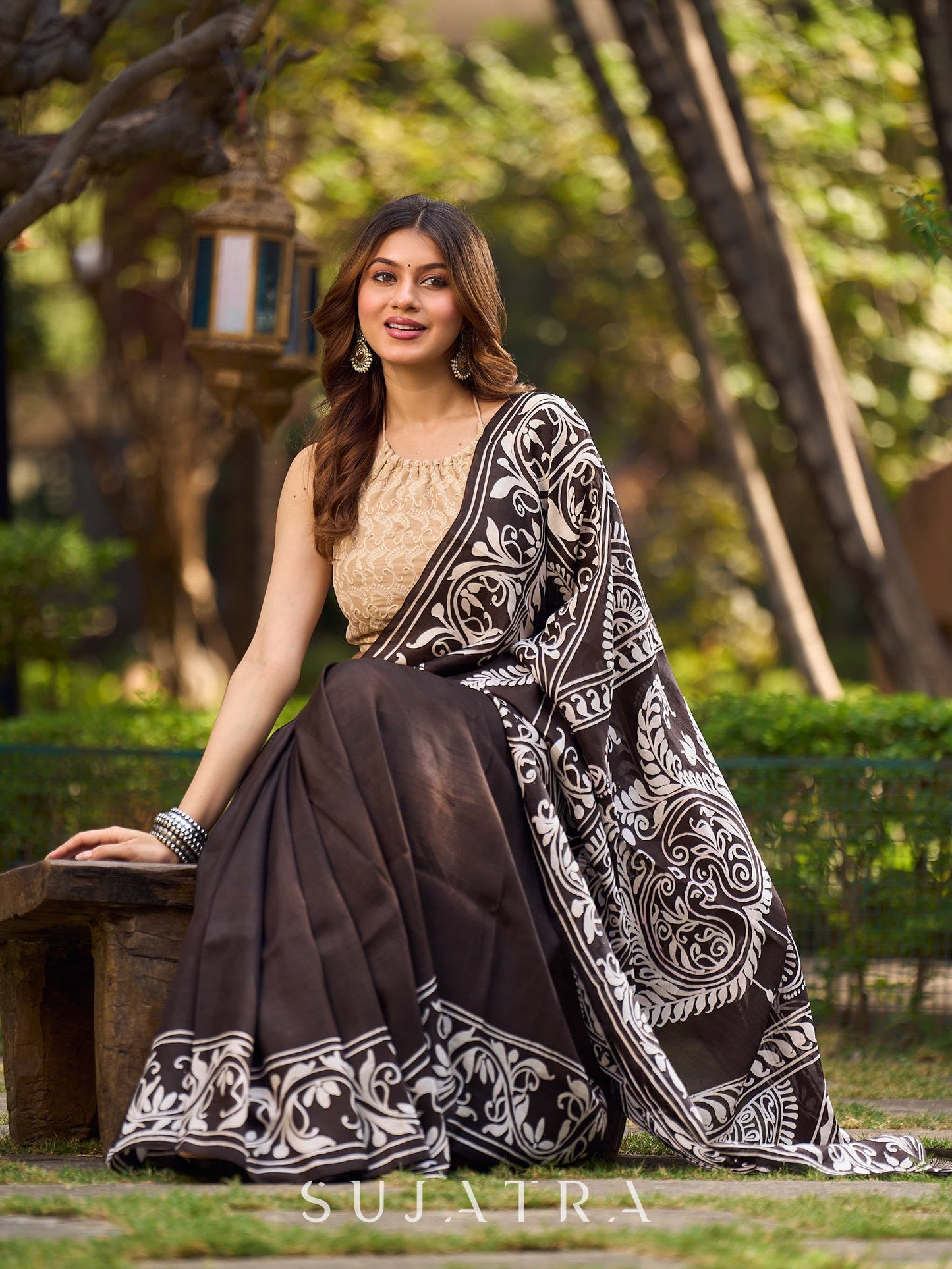 Timeless Dark Brown Pure Silk Hand Batik Saree with Bold Prints and Statement Borders