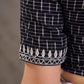 Black and White Ikat Cotton Blouse with Embroidered Neckline and Sleeves