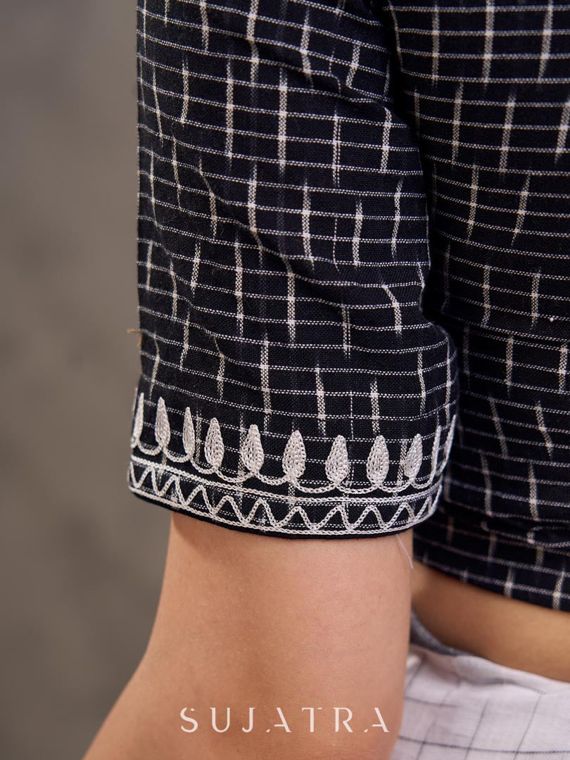 Black and White Ikat Cotton Blouse with Embroidered Neckline and Sleeves