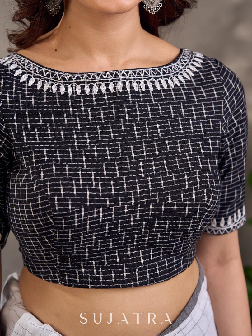 Black and White Ikat Cotton Blouse with Embroidered Neckline and Sleeves