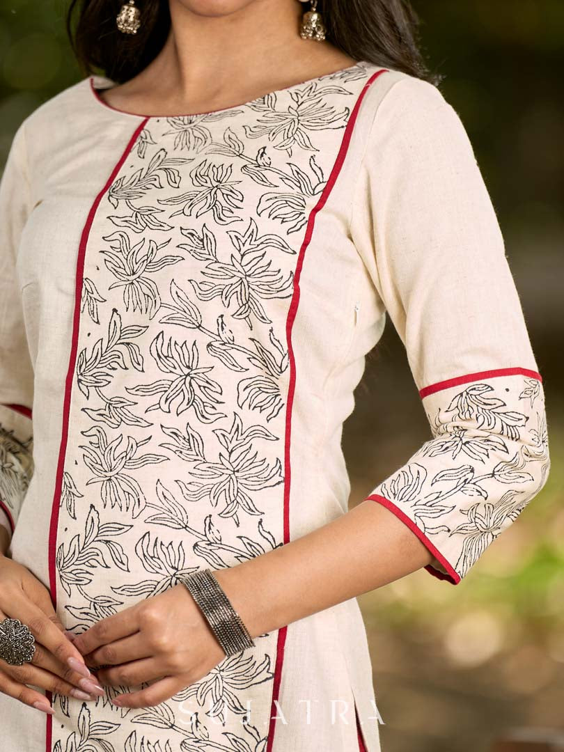 Refined Off-White Cotton Flex Kurta with Statement Floral Panel Hand Block Print and Maroon Accents