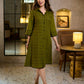 Sophisticated Olive Green A-Line Cotton Dress with Mixed Stripe Hand Block Print & Bell Sleeves