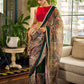 Regal Bottle Green Georgette Saree with Artistic Kalamkari Printed Pallu & Delicate Gold Lace Border