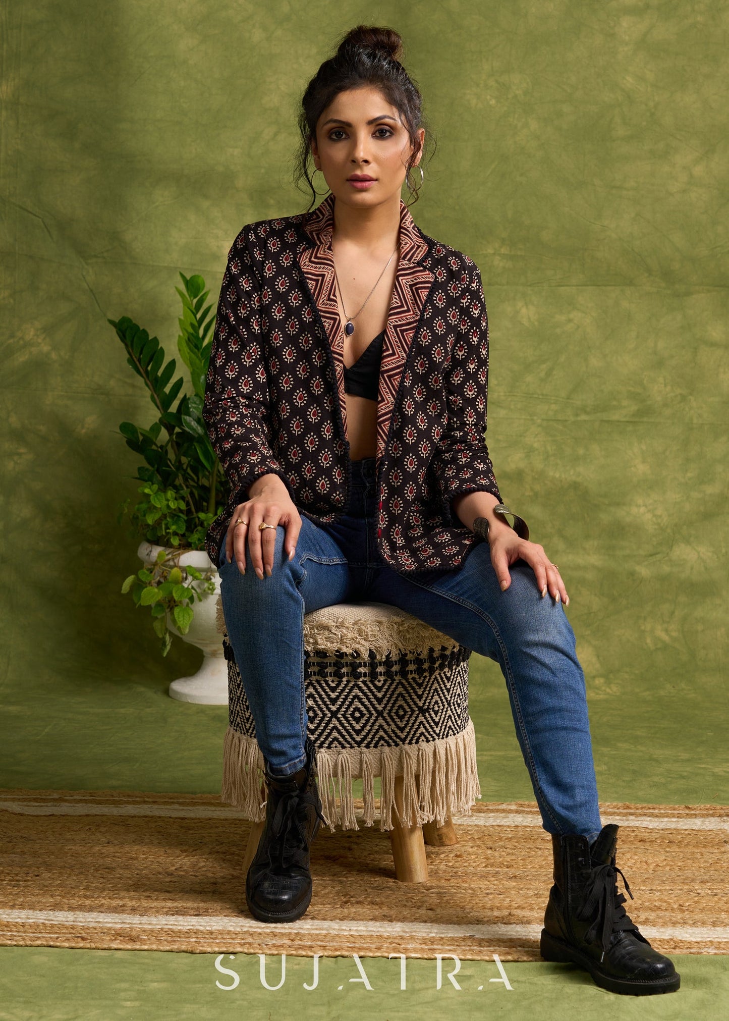Block Printed Black Ajrakh Jacket Featuring Traditional Booty Print And Contrasting Collar