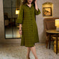 Sophisticated Olive Green A-Line Cotton Dress with Mixed Stripe Hand Block Print & Bell Sleeves
