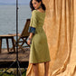 Sage Green Cotton Flared Dress with Contrast Ajrakh Yoke and Cuff Detailing featuring Hand Painting