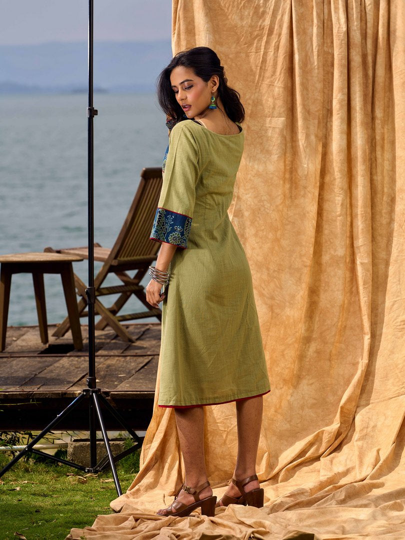 Sage Green Cotton Flared Dress with Contrast Ajrakh Yoke and Cuff Detailing featuring Hand Painting