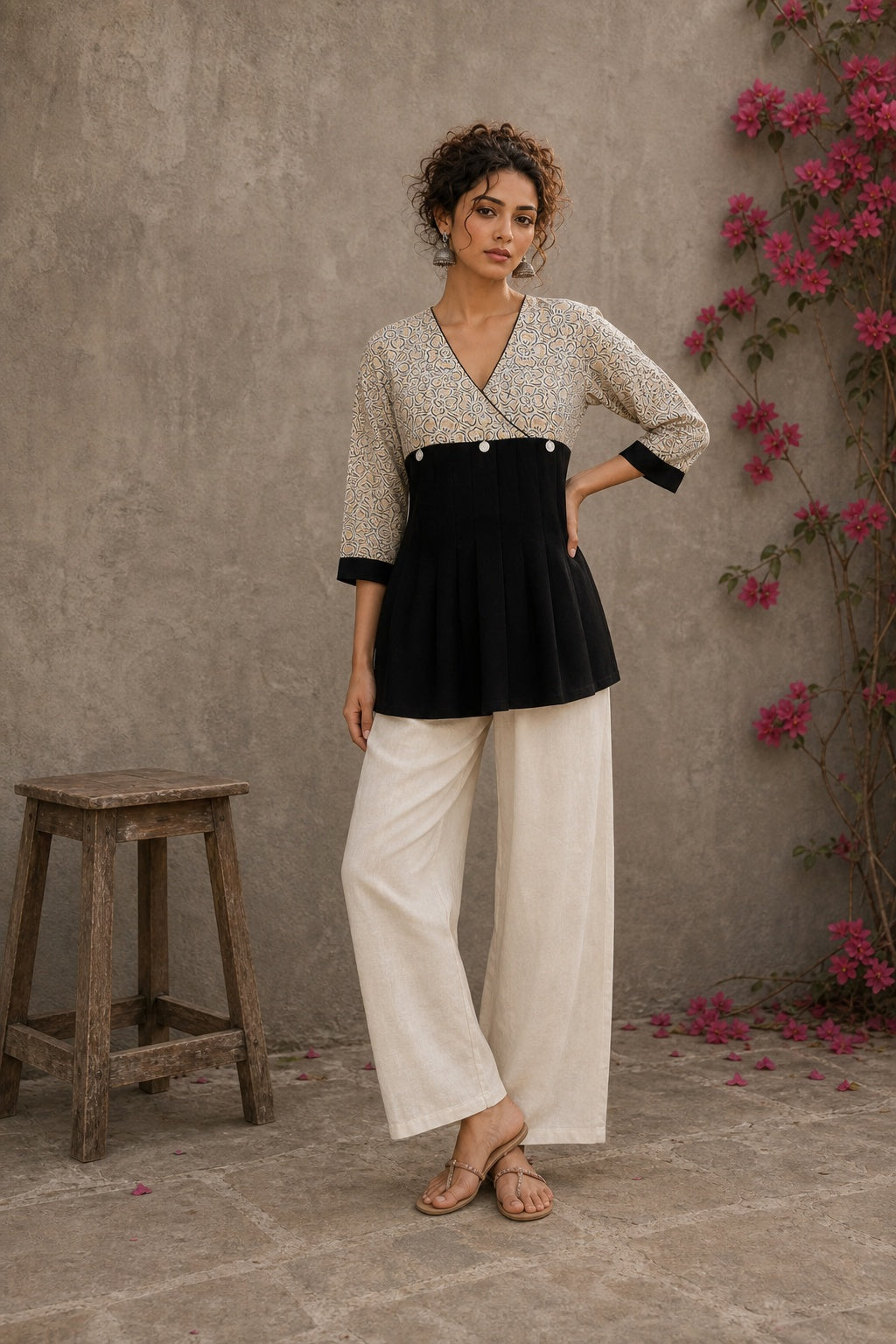 Black Jaipur floral printed yoke top featuring black pintuck body, three-quarter sleeves, and delicate ruffled sleeve edging.