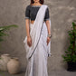 Black and White Ikat Cotton Blouse with Embroidered Neckline and Sleeves