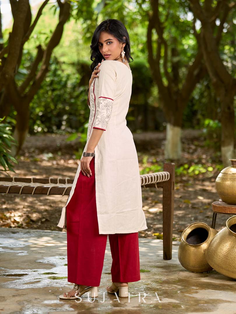 Refined Off-White Cotton Flex Kurta with Statement Floral Panel Hand Block Print and Maroon Accents