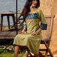 Sage Green Cotton Flared Dress with Contrast Ajrakh Yoke and Cuff Detailing featuring Hand Painting
