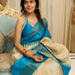 Pure Tussar silk saree in ocean blue with temple borders