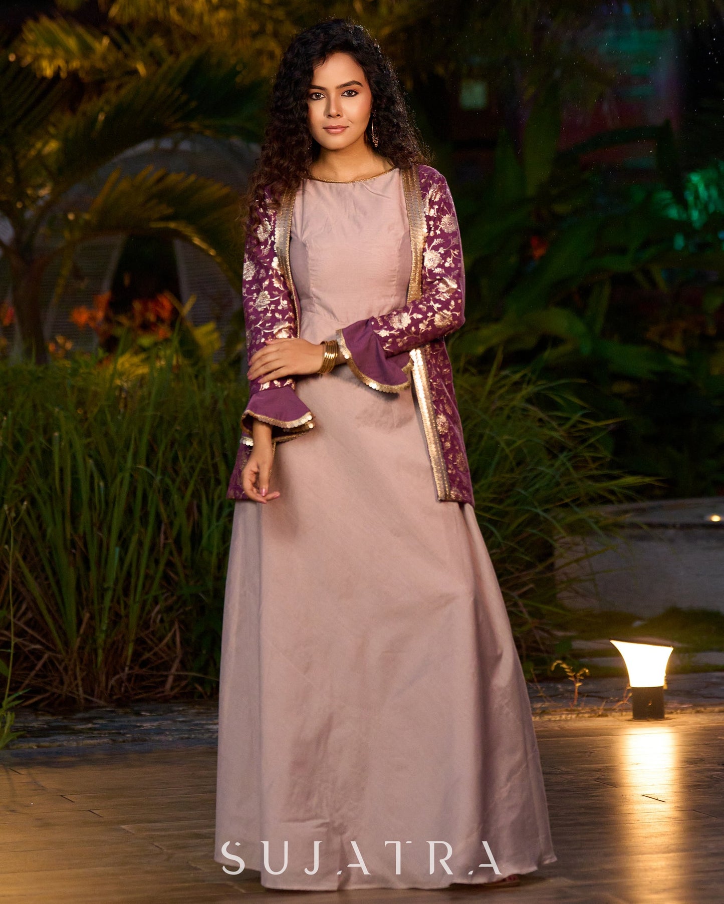 Exquisite Lavender Chanderi Princess-Cut Flared Gown with  Brocade Jacket Additional