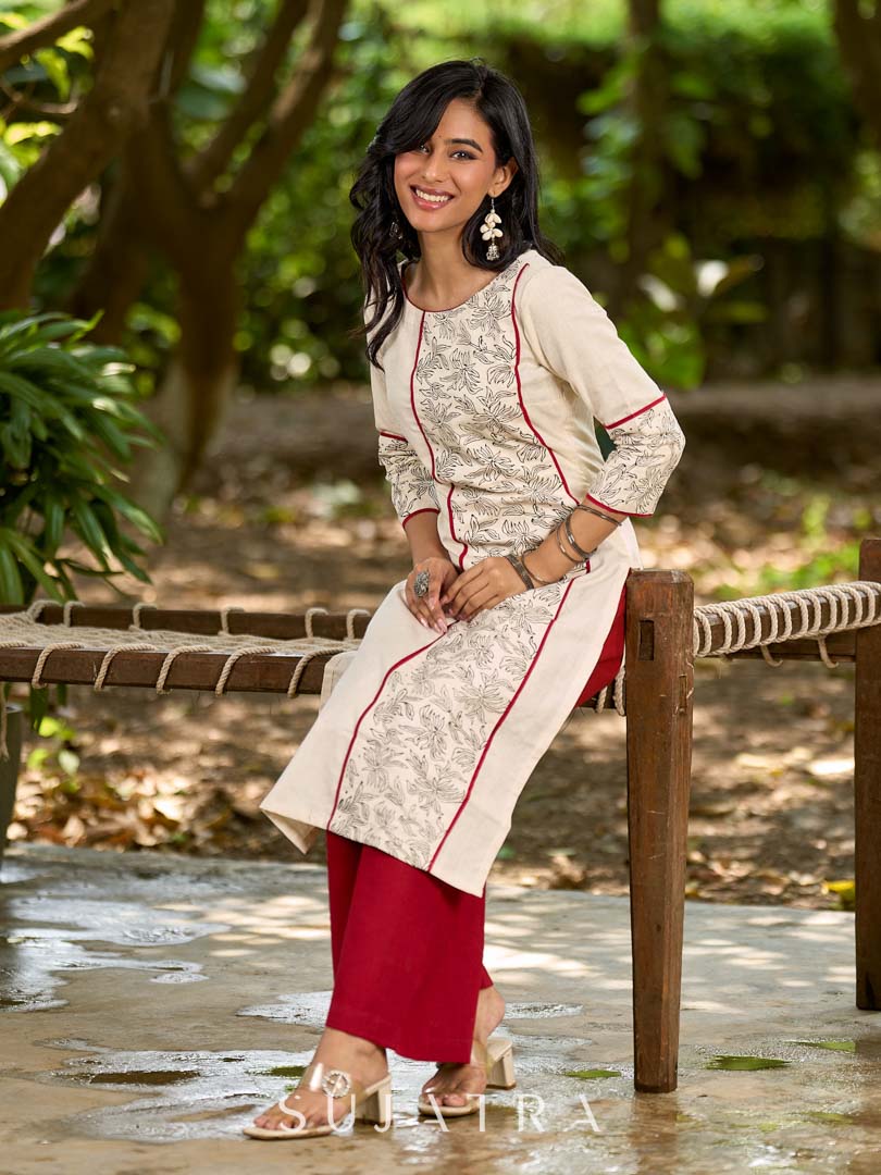 Refined Off-White Cotton Flex Kurta with Statement Floral Panel Hand Block Print and Maroon Accents