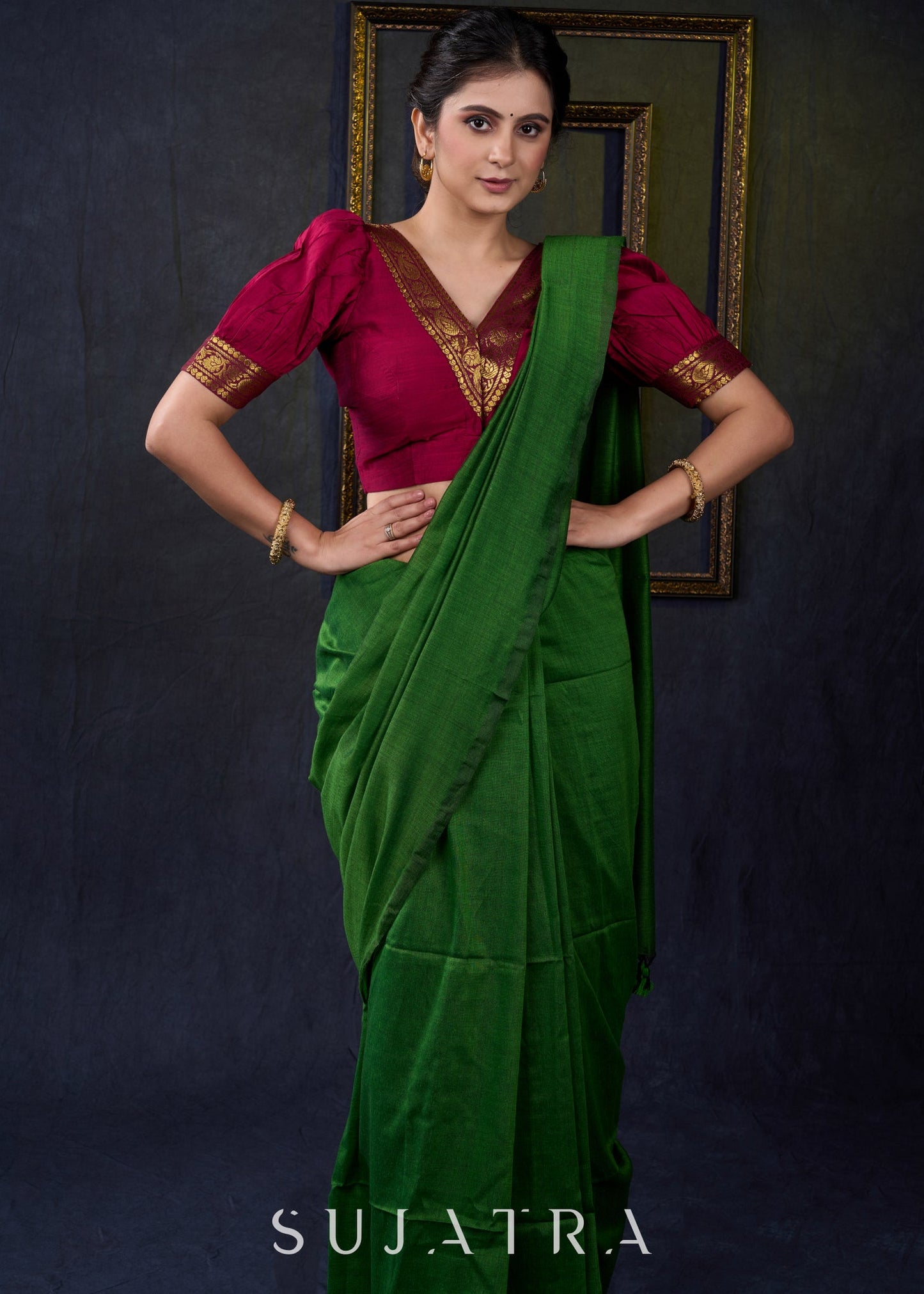 Exclusive Magenta Cotton Silk Blouse with Zari Borders