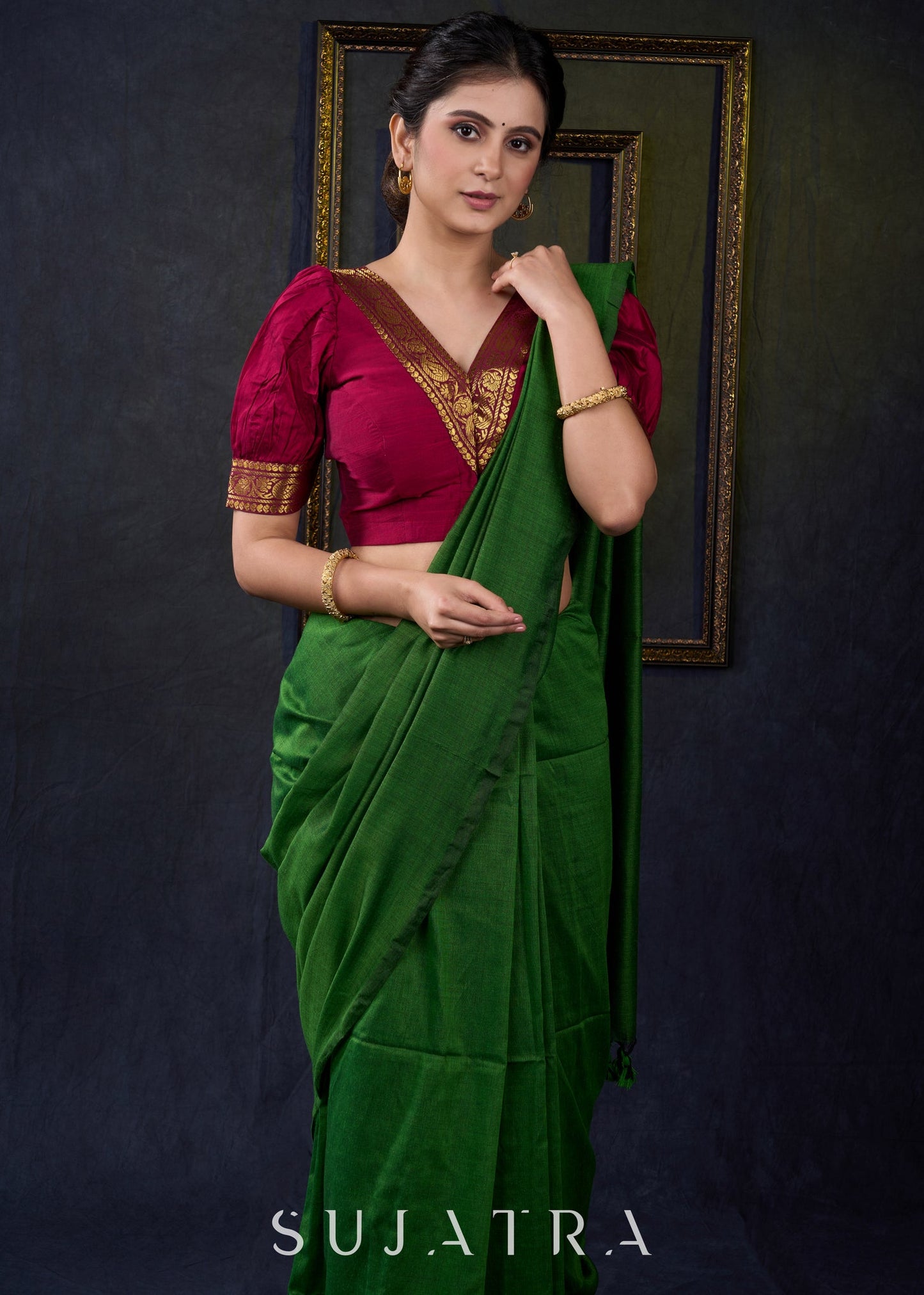 Exclusive Magenta Cotton Silk Blouse with Zari Borders