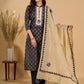 Deep Dusk Charm Cotton Kurta Set with Appliqué Yoke and Dupatta