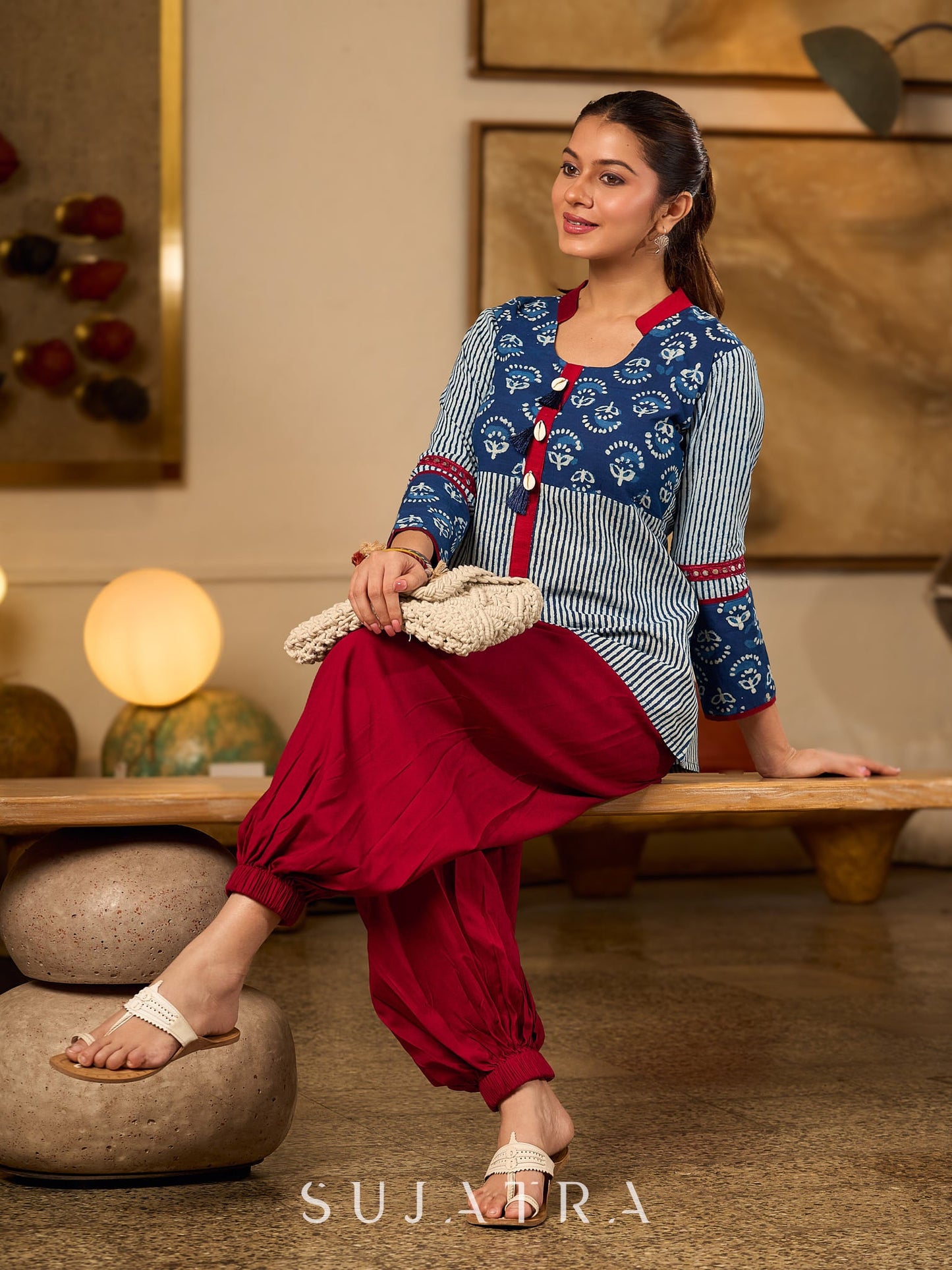 Indigo Cotton Top With Maroon Placket Detailed With Cowrie And Tassels, Finished with Collared Neckline