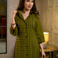 Sophisticated Olive Green A-Line Cotton Dress with Mixed Stripe Hand Block Print & Bell Sleeves