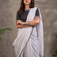 Black and White Ikat Cotton Blouse with Embroidered Neckline and Sleeves