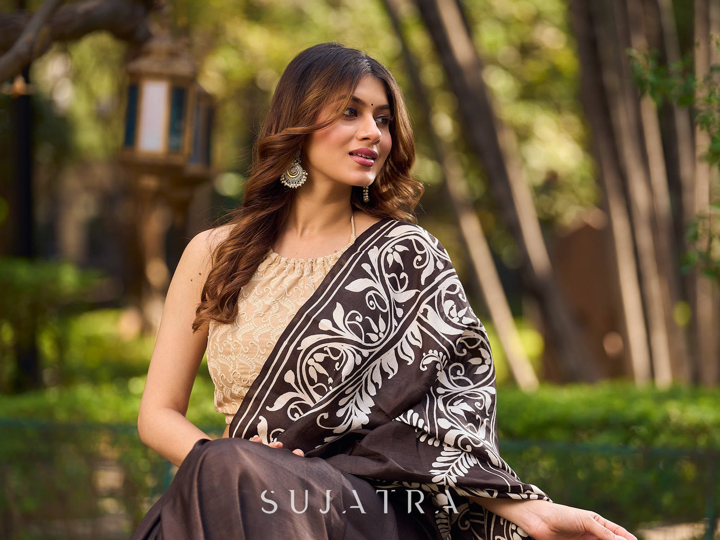 Timeless Dark Brown Pure Silk Hand Batik Saree with Bold Prints and Statement Borders
