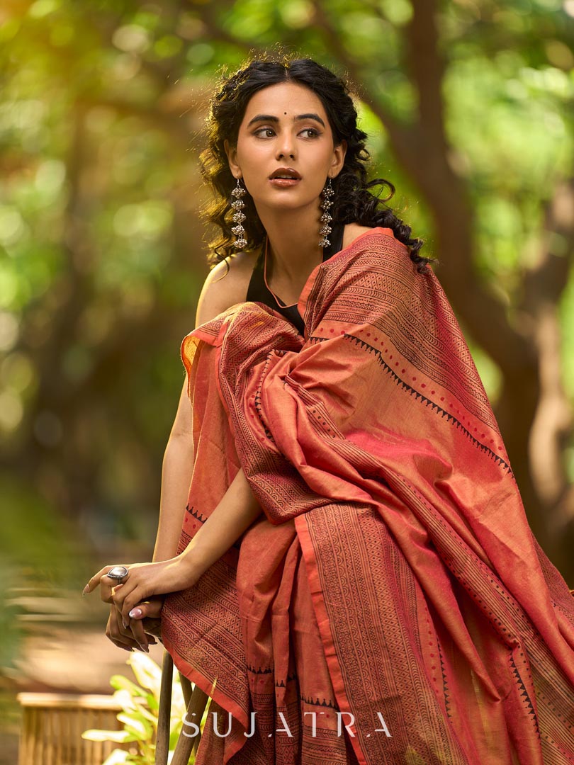 Contemporary Rust Cotton Saree with Traditional Hand Block Print Borders
