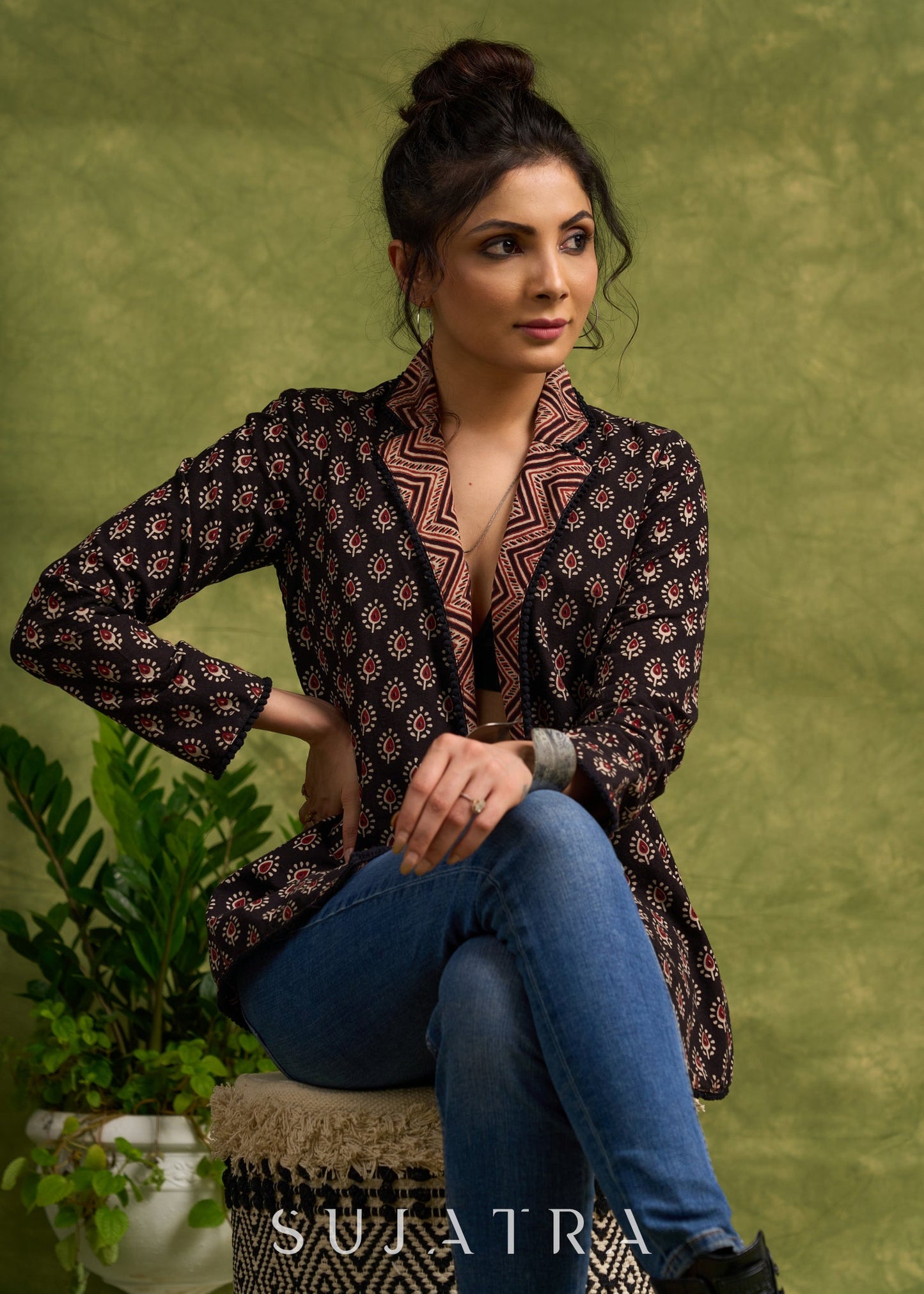 Block Printed Black Ajrakh Jacket Featuring Traditional Booty Print And Contrasting Collar