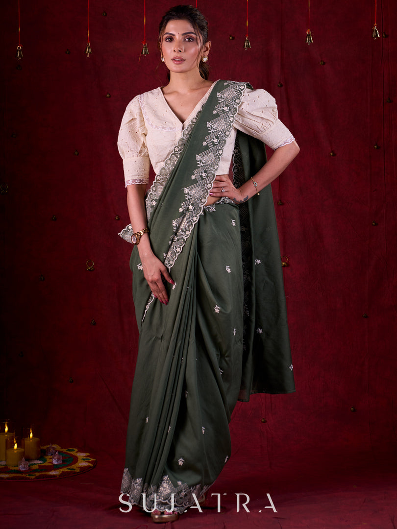 Sage Elegance Chanderi Saree Featuring All-Over Embroidery & Exquisite Heavy Border
