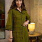 Sophisticated Olive Green A-Line Cotton Dress with Mixed Stripe Hand Block Print & Bell Sleeves
