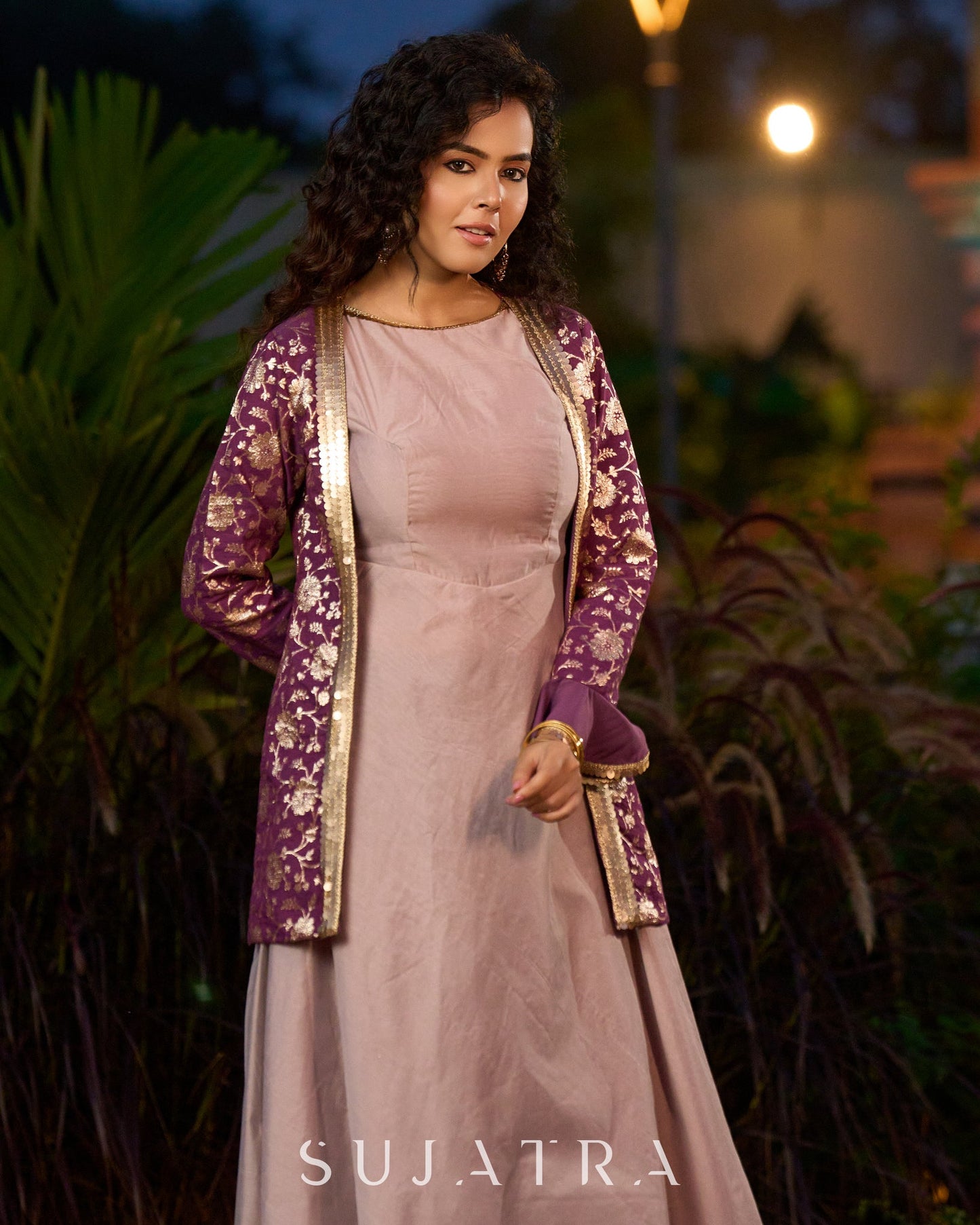 Exquisite Lavender Chanderi Princess-Cut Flared Gown with  Brocade Jacket Additional