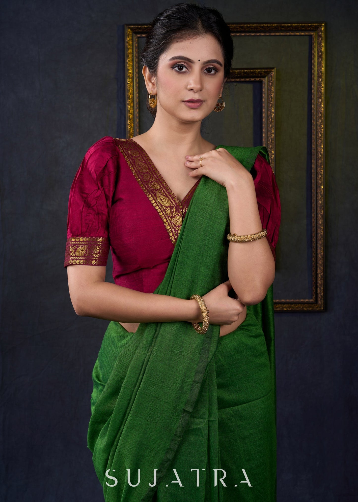 Exclusive Magenta Cotton Silk Blouse with Zari Borders