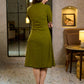 Sophisticated Olive Green A-Line Cotton Dress with Mixed Stripe Hand Block Print & Bell Sleeves