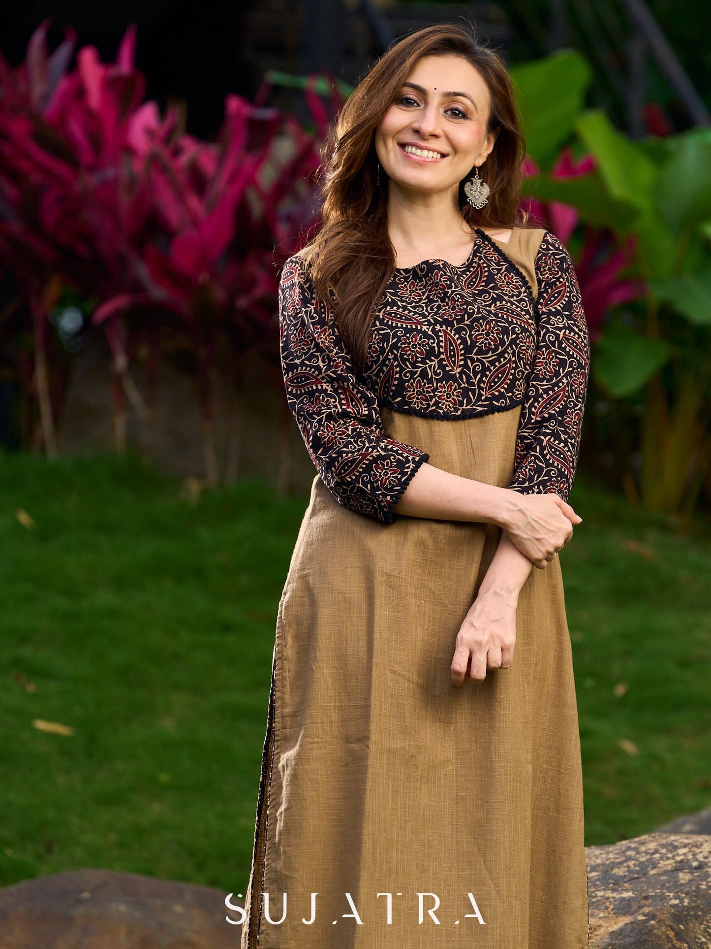 Modern Khaki Kurta with Handcrafted Floral Black Yoke and Tie-Up Closure