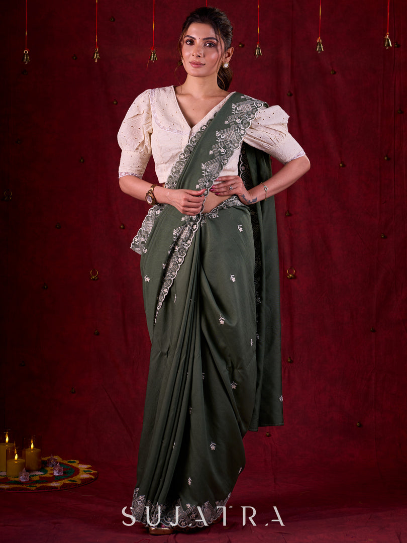 Sage Elegance Chanderi Saree Featuring All-Over Embroidery & Exquisite Heavy Border
