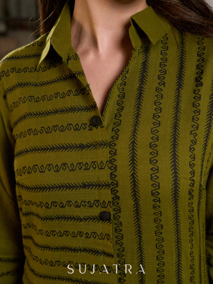 Sophisticated Olive Green A-Line Cotton Dress with Mixed Stripe Hand Block Print & Bell Sleeves