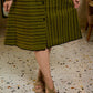 Sophisticated Olive Green A-Line Cotton Dress with Mixed Stripe Hand Block Print & Bell Sleeves