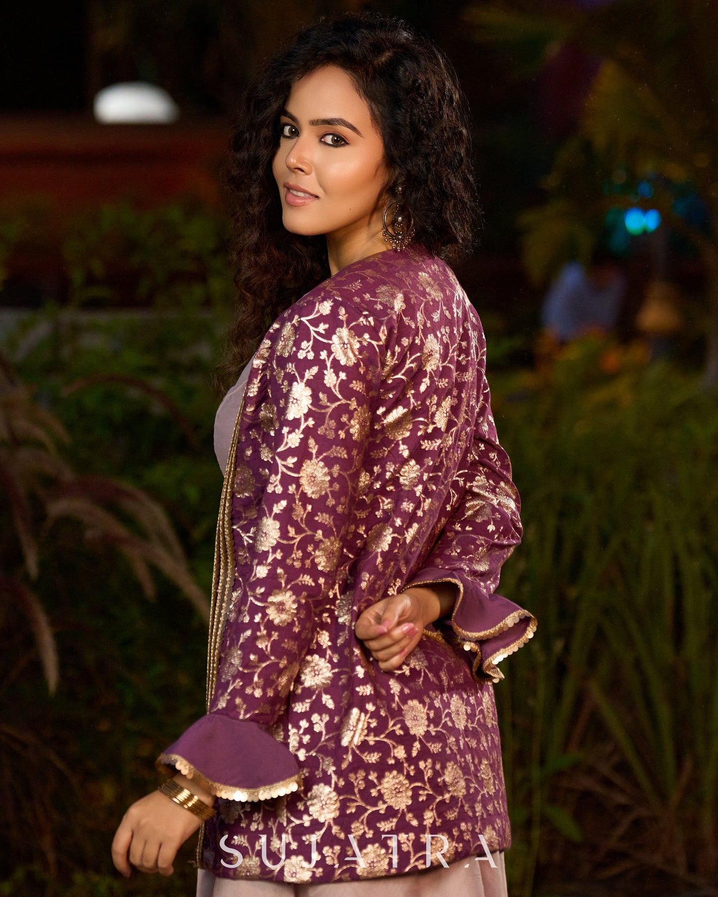 Exquisite Lavender Chanderi Princess-Cut Flared Gown with  Brocade Jacket Additional