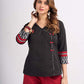 Black Cotton Wrap Pattern Top with Ikat Cuff Panels and Button Highlight