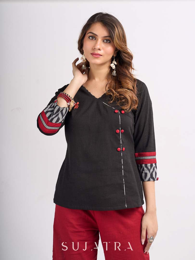 Black Cotton Wrap Pattern Top with Ikat Cuff Panels and Button Highlight