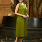 Olive Whispers Box Pleat Dress with Contrasting Hand Kantha Embroidery and Delicate Embellished Neckline